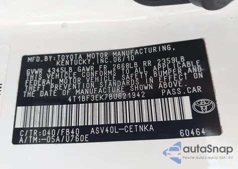 2011 Toyota Camry Le z USA, uszkodzony, nr VIN 4T1BF3EK7BU621942